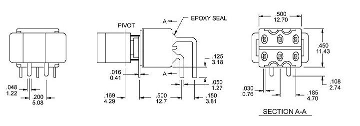 RS8-202R3 六腳兩檔 90度彎腳 臥式鈕子開關(guān)