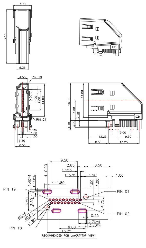 HDMI-A-10,HDMI A/F 側插/側插HDMI母座,臥式側插HDMI插座19P規(guī)格圖