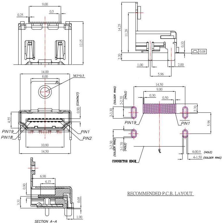 19腳HDMI接口,帶耳HDMI插座,SMT 無柱 孔高 H:11.28mm/HDMI-A-4規(guī)格圖