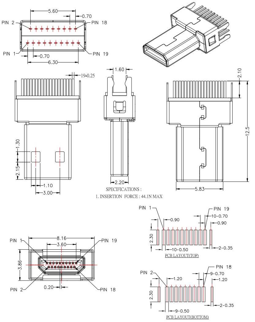 HDMI-D-6  D TYPE 公頭夾板,板厚1.6mm，HDMI JACK SERIES規(guī)格圖