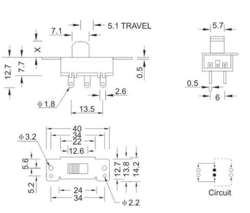 2P2T撥動開關(guān)規(guī)格圖