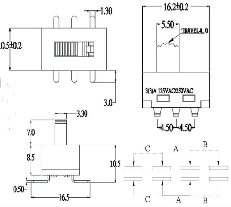 六腳大電流撥動開關(guān)圖紙