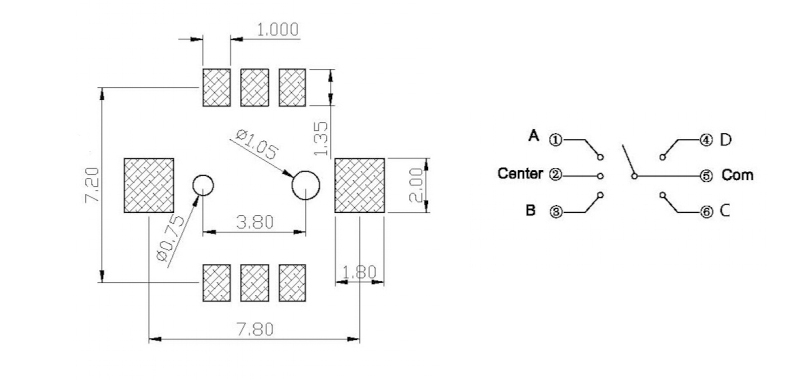 7*7*5帶柱五向開關(guān)接線圖 7*7*5帶柱五向開關(guān)接線圖